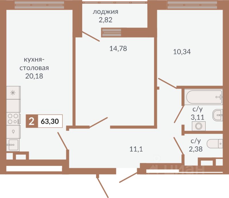 2-к кв. Свердловская область, Екатеринбург пер. Старателей (63.3 м²)