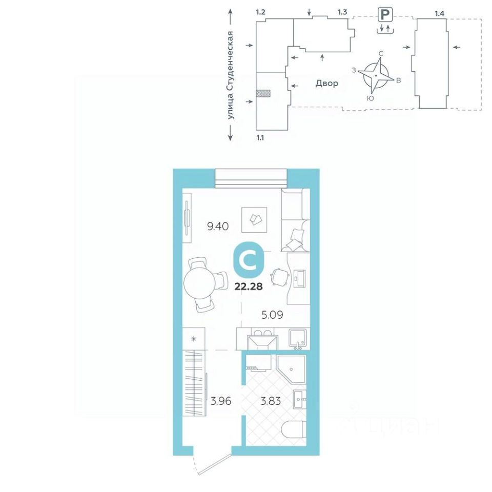 Студия Свердловская область, Екатеринбург ул. Студенческая, 1А (22.28 м²)