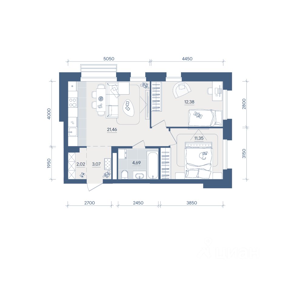 2-к кв. Свердловская область, Екатеринбург ул. Энтузиастов, 18 (54.97 м²)