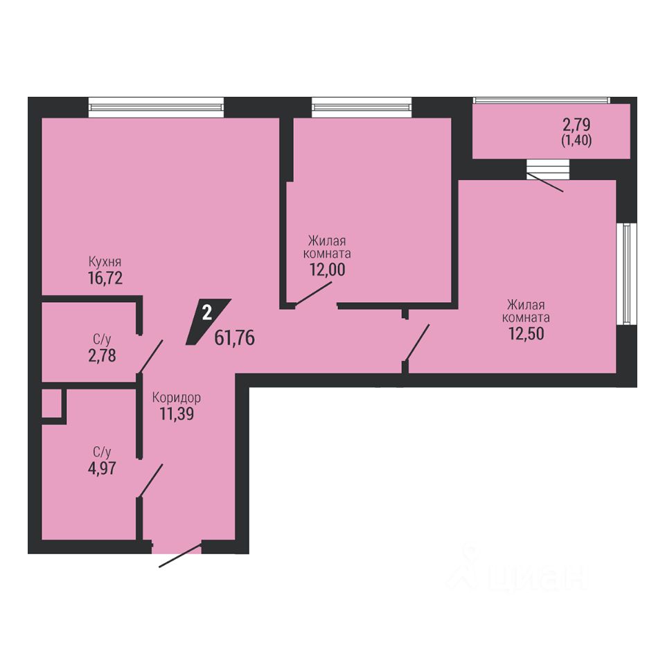 2-к кв. Свердловская область, Екатеринбург пер. Ученический (61.76 м²)