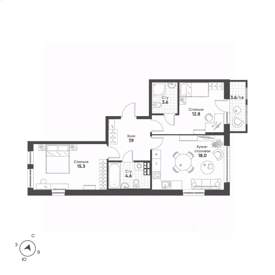 2-к кв. Свердловская область, Екатеринбург Солнечный жилрайон,  (64.0 м²)
