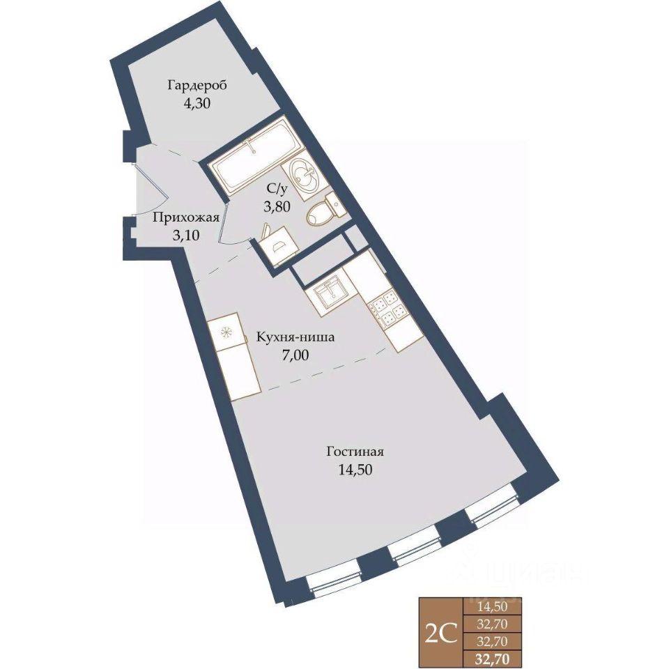 Студия Свердловская область, Екатеринбург ул. Щербакова, 20 (32.7 м²)