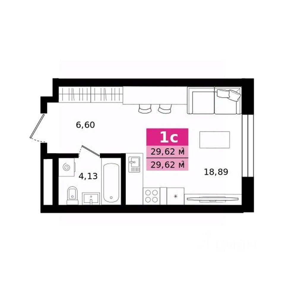 Студия Свердловская область, Екатеринбург ул. Монтерская (29.62 м²)
