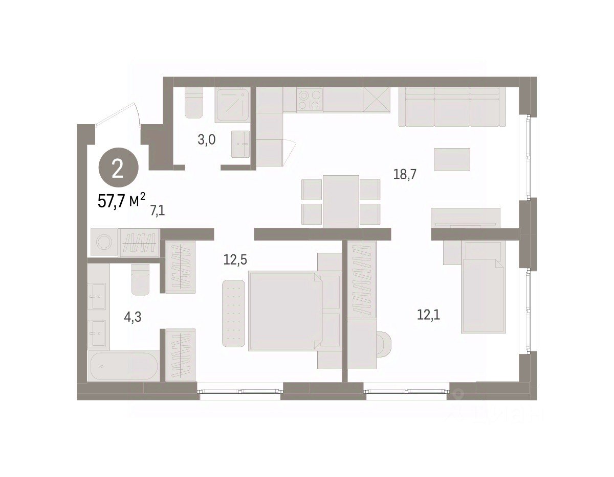 2-к кв. Свердловская область, Екатеринбург пер. Торфяной, 10 (57.7 м²)