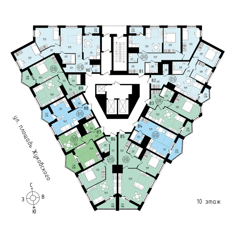 2-комнатная квартира: Екатеринбург, площадь Жуковского, 8 (67.73 м²)