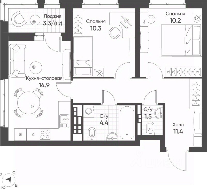 2-к кв. Свердловская область, Екатеринбург Солнечный жилрайон, (54.4 м²)