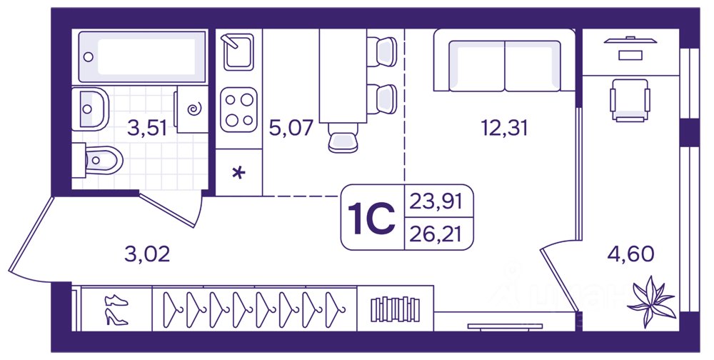 Студия Свердловская область, Екатеринбург пер. Проходной, 1Б (26.21 м²)