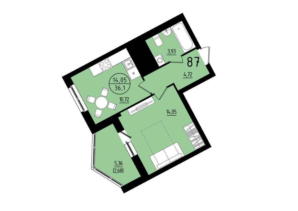 1-комнатная квартира: Екатеринбург, площадь Жуковского, 8 (36.1 м²)