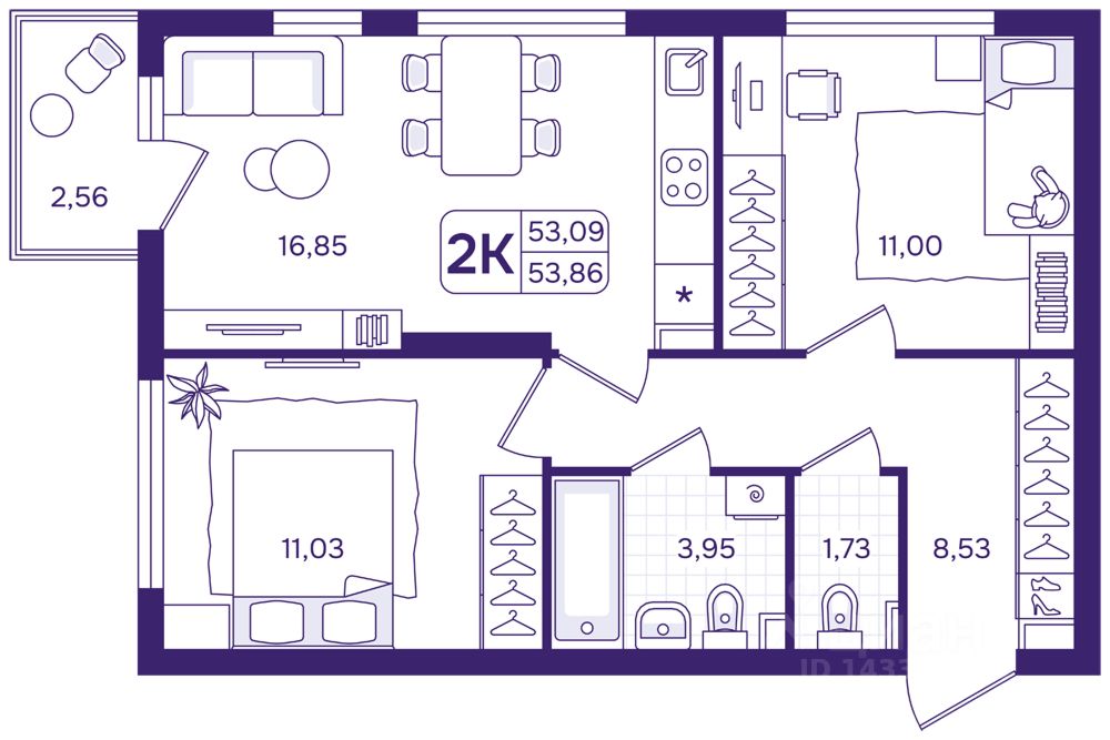 2-к кв. Свердловская область, Екатеринбург пер. Проходной, 1Б (53.86 м²)