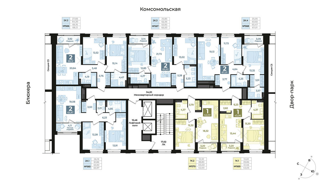 1-комнатная квартира: Екатеринбург, улица Блюхера, 26 (43.06 м²)