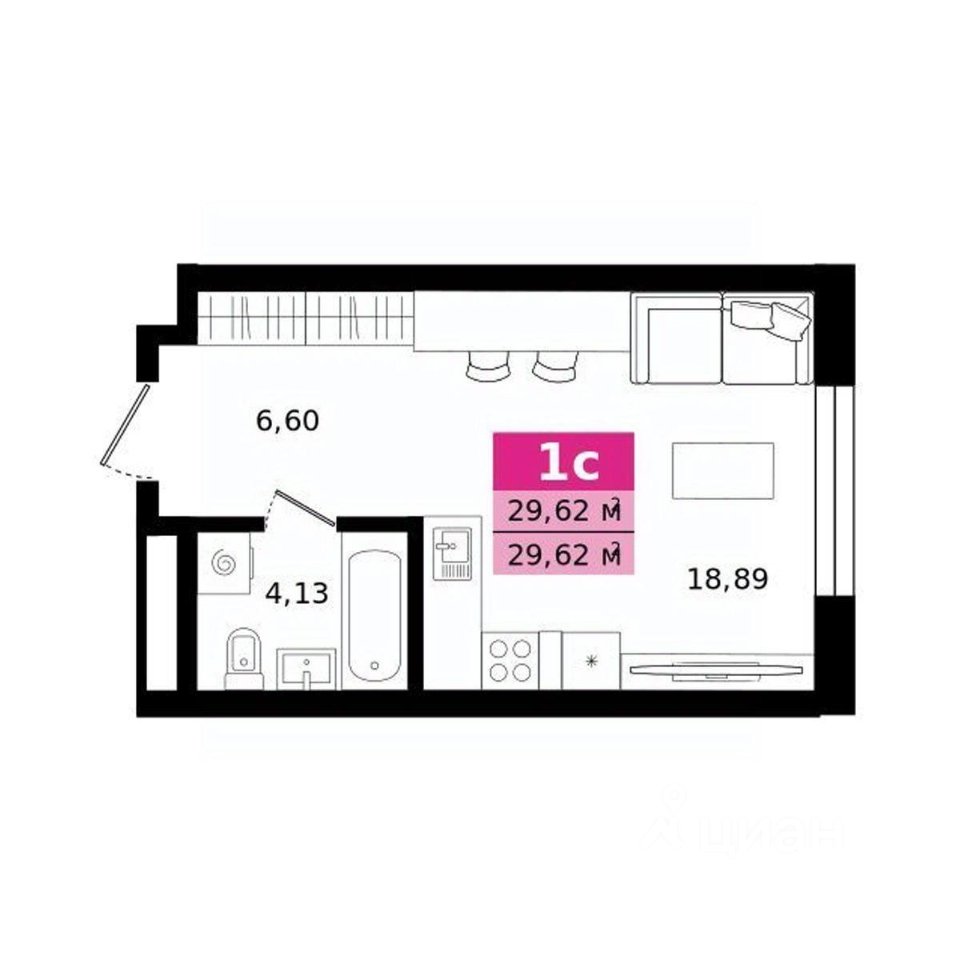 Студия Свердловская область, Екатеринбург ул. Монтерская (29.62 м²)