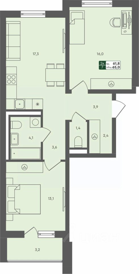 2-к кв. Свердловская область, Екатеринбург ул. Абрикосовая, 60/1 (65.0 м²)
