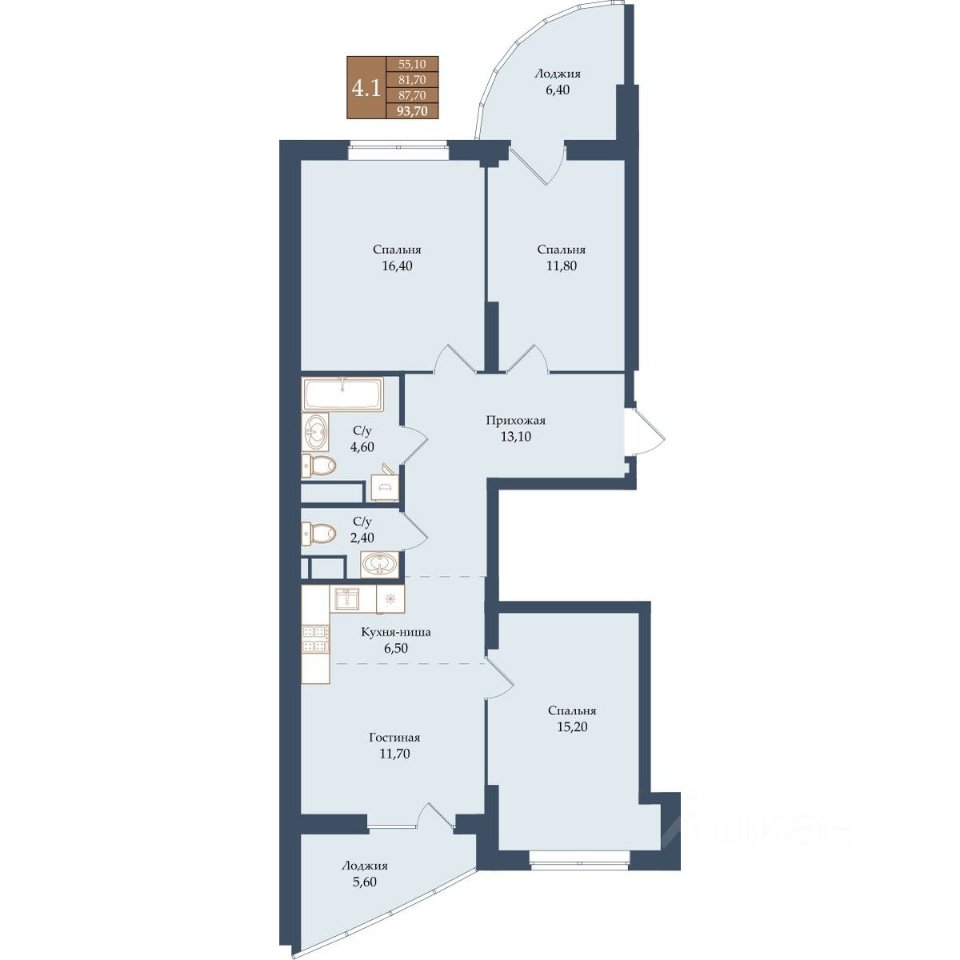 3-к кв. Свердловская область, Екатеринбург ул. Щербакова, 20 (87.7 м²)
