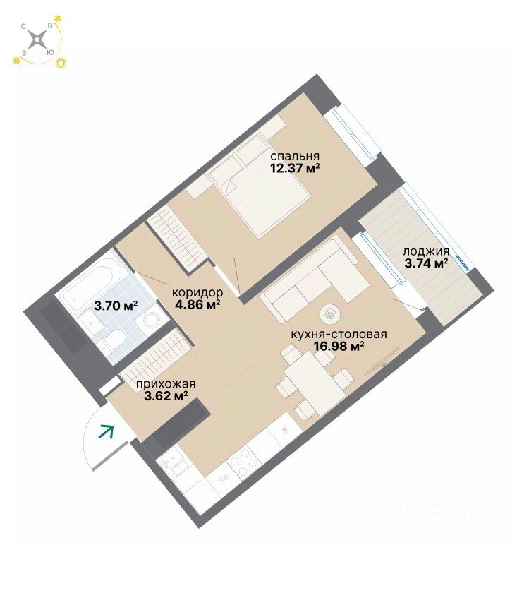 1-к кв. Свердловская область, Екатеринбург ул. Вилонова (45.27 м²)