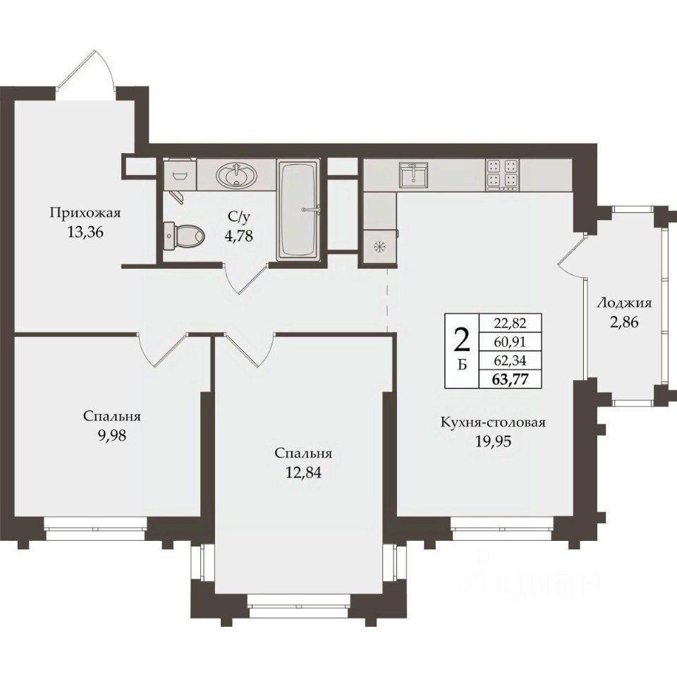 2-к кв. Свердловская область, Екатеринбург ул. Репина, 64 (62.34 м²)