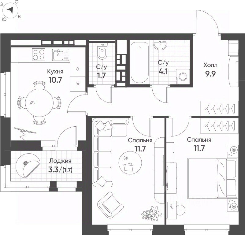 2-к кв. Свердловская область, Екатеринбург Солнечный жилрайон,  (51.5 м²)