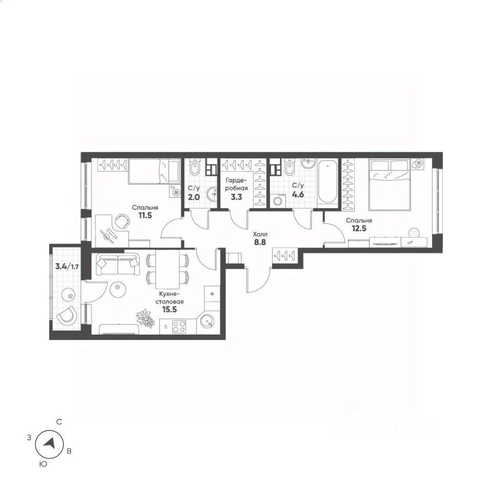 2-к кв. Свердловская область, Екатеринбург Солнечный жилрайон,  (59.9 м²)