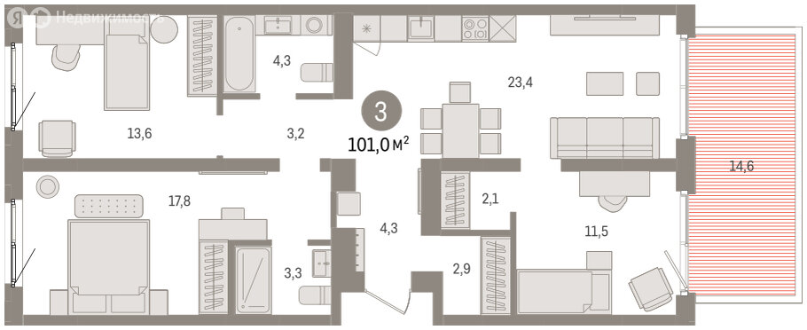 3-комнатная квартира: Екатеринбург, Торфяной переулок, 10 (101 м²)