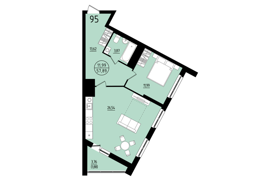 1-комнатная квартира: Екатеринбург, площадь Жуковского, 8 (57.89 м²)
