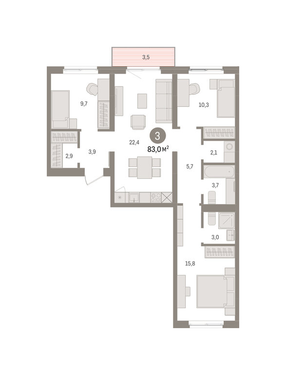 3-комнатная квартира: Екатеринбург, Торфяной переулок, 10 (83 м²)