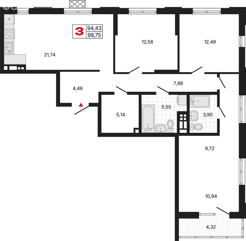 3-комнатная квартира: Екатеринбург, Депутатская улица (98.73 м²)