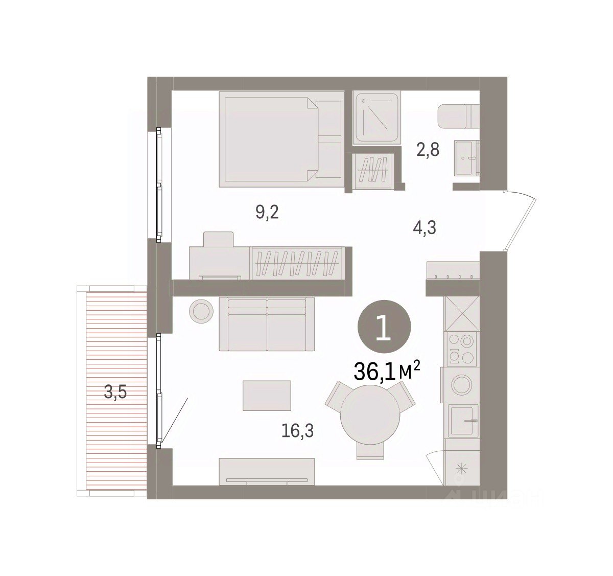 1-к кв. Свердловская область, Екатеринбург пер. Торфяной, 10 (36.1 м²)