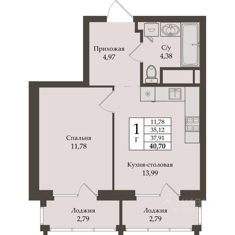 1-к кв. Свердловская область, Екатеринбург ул. Репина, 64 (37.91 м²)