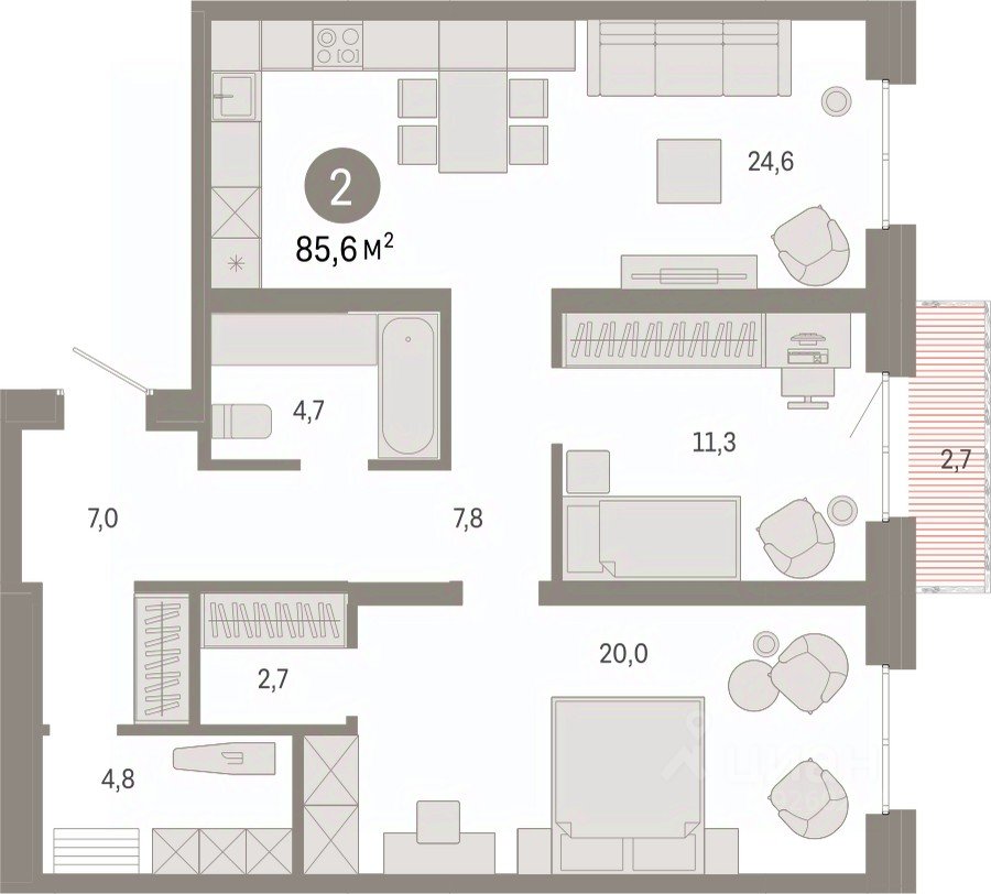 2-к кв. Свердловская область, Екатеринбург Юго-Западный жилрайон, Южные Кварталы жилой комплекс (85.6 м²)