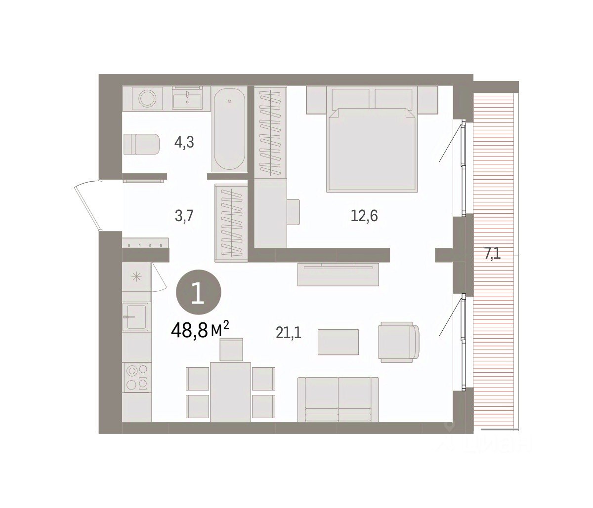 1-к кв. Свердловская область, Екатеринбург пер. Торфяной, 10 (48.8 м²)