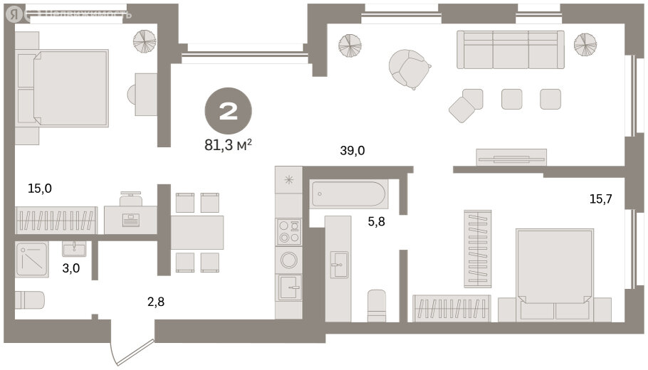2-комнатная квартира: Екатеринбург, улица Советских Женщин (81.3 м²)