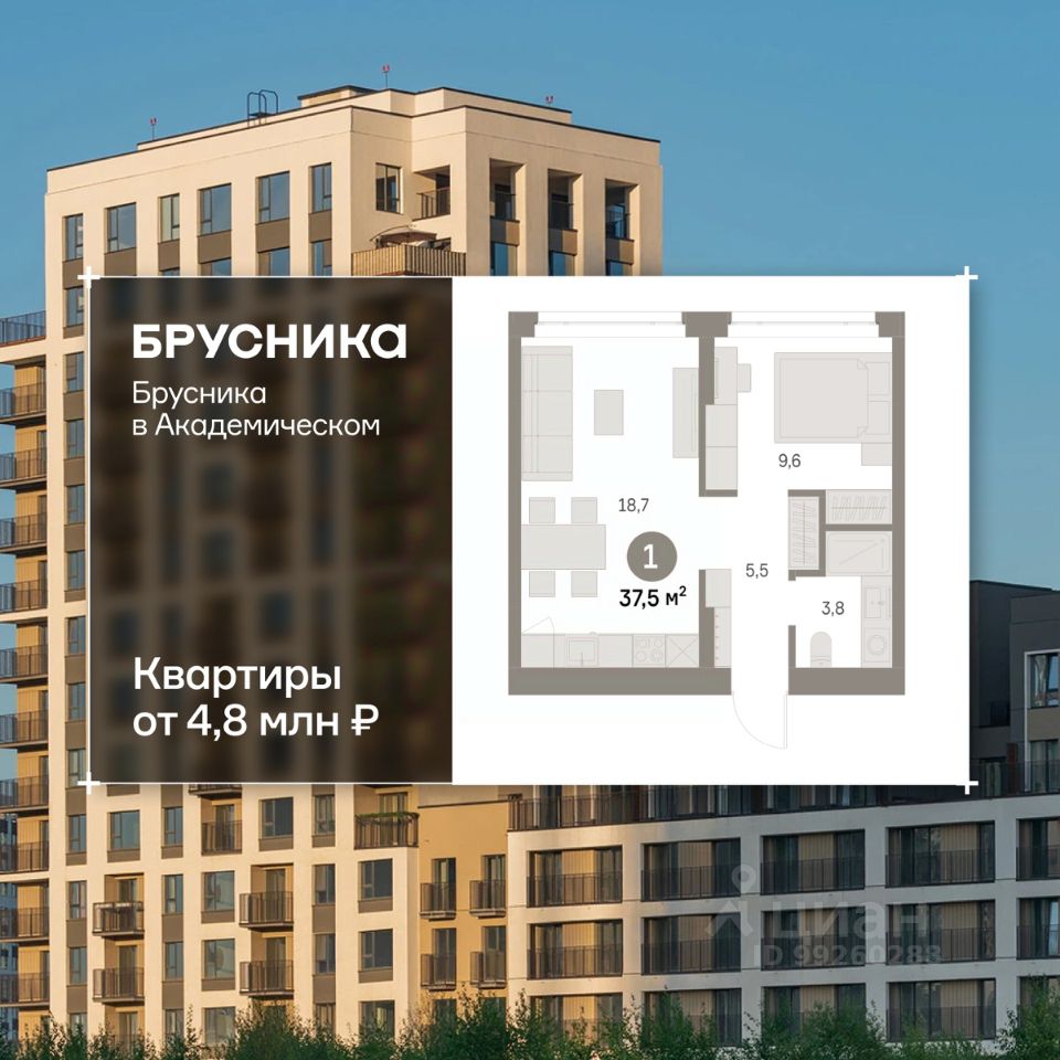 1-к кв. Свердловская область, Екатеринбург Академический мкр, 19-й кв-л, Брусника в Академическом жилой комплекс (37.48 м²)