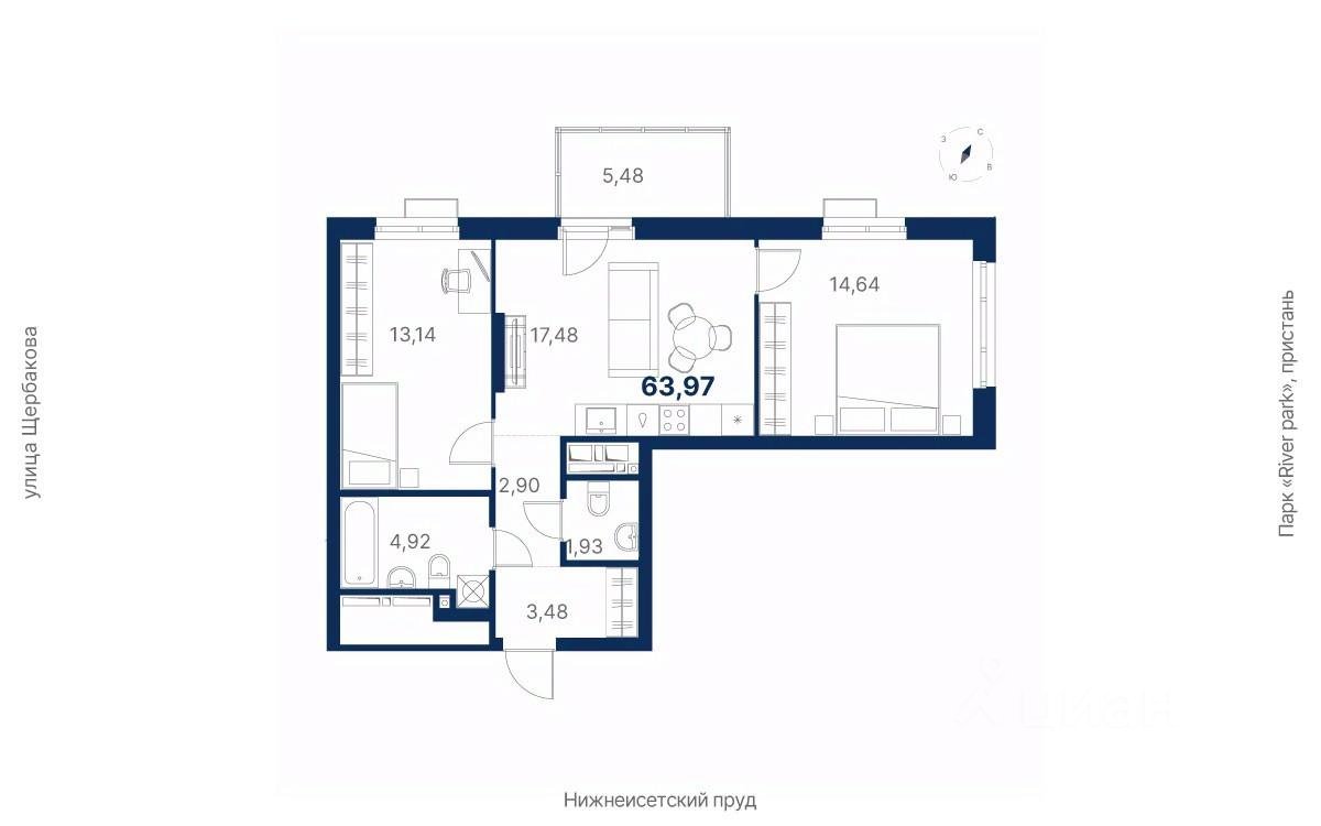 2-к кв. Свердловская область, Екатеринбург ул. Щербакова, 152 (64.3 м²)