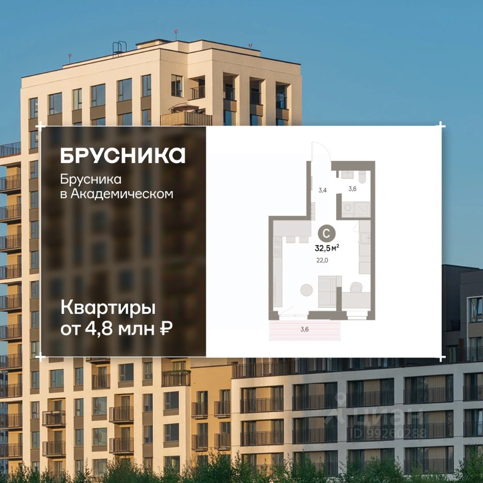 Студия Свердловская область, Екатеринбург Академический мкр, 19-й кв-л, Брусника в Академическом жилой комплекс (32.52 м²)