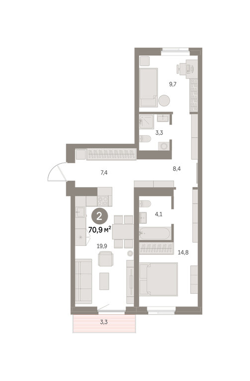 2-комнатная квартира: Екатеринбург, Благодатская улица, 15 (70.92 м²)