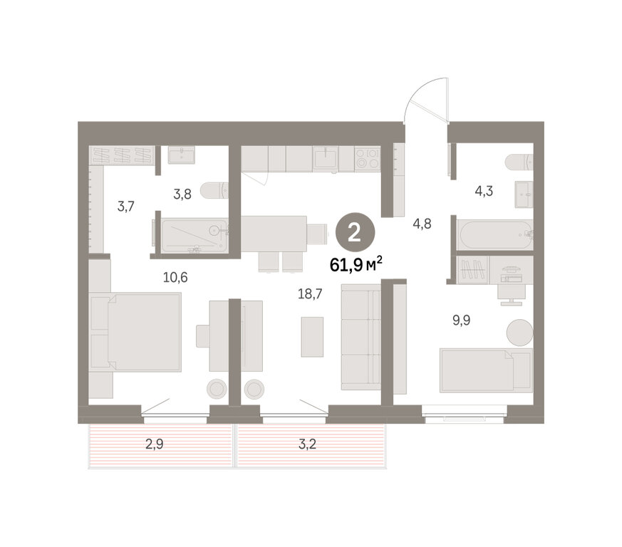 2-комнатная квартира: Екатеринбург, Благодатская улица, 15 (61.87 м²)