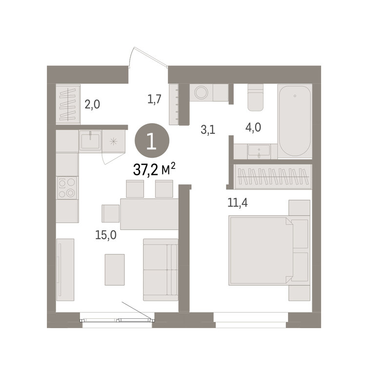 1-комнатная квартира: Екатеринбург, Торфяной переулок, 10 (37.2 м²)
