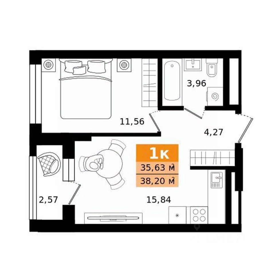 1-к кв. Свердловская область, Екатеринбург ул. Монтерская (38.2 м²)