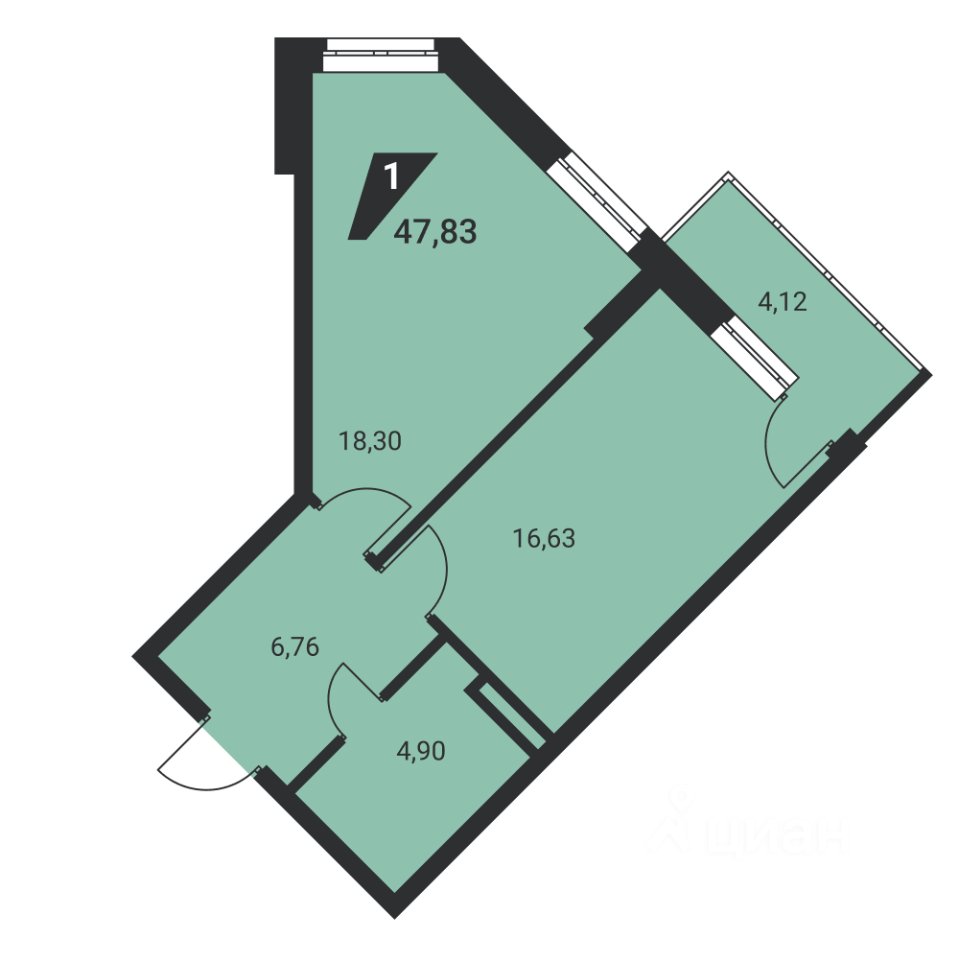 1-к кв. Свердловская область, Екатеринбург ул. Громова, 26/4 (47.6 м²)