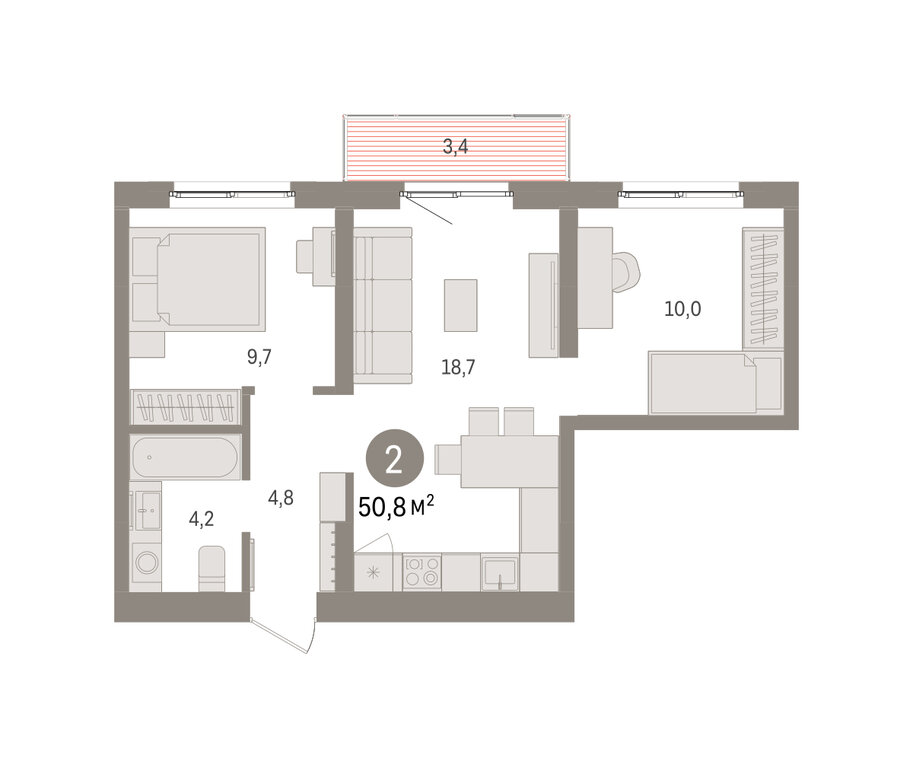 2-комнатная квартира: Екатеринбург, Торфяной переулок, 10 (50.8 м²)