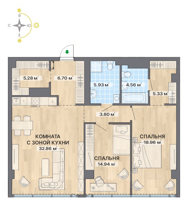 3-к кв. Свердловская область, Екатеринбург ул. Маршала Жукова, 16 (98.36 м²)