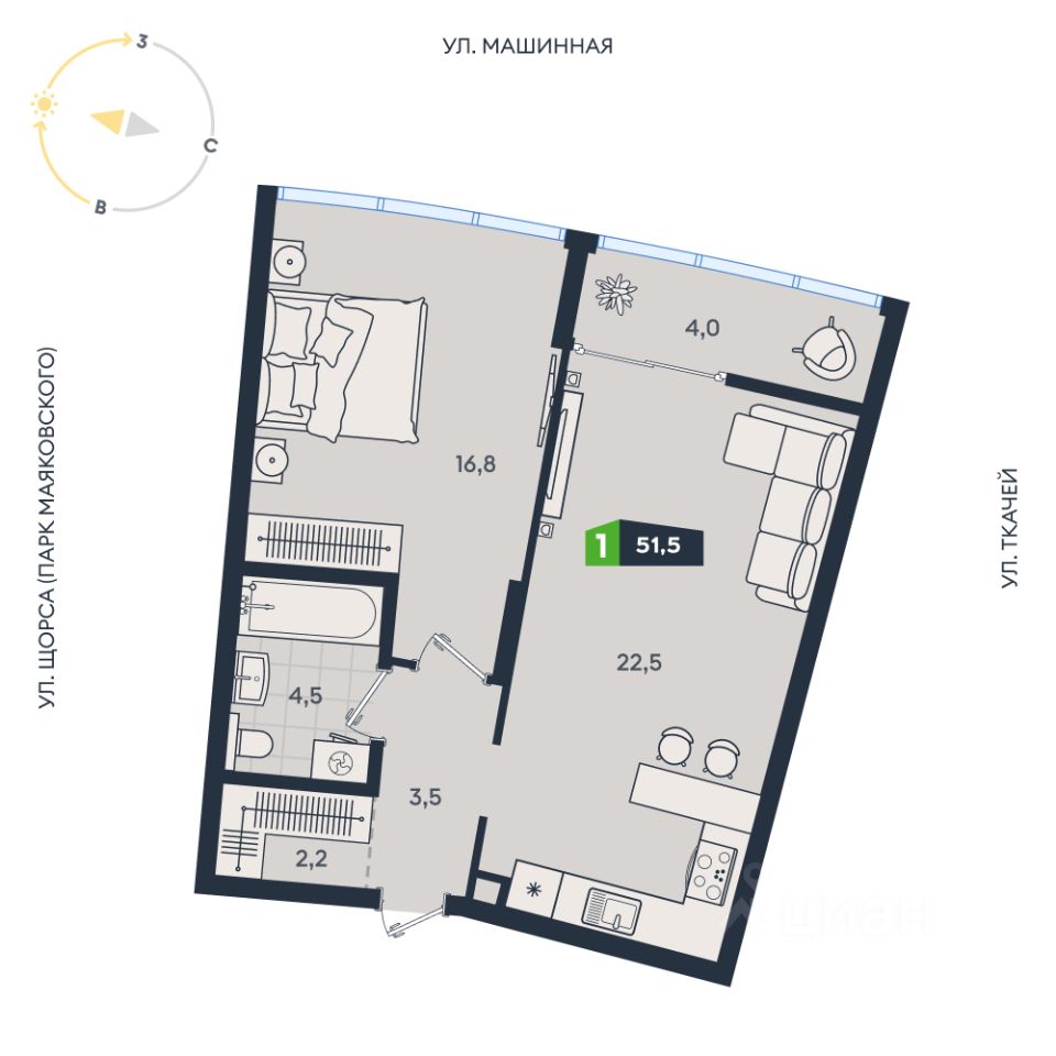 1-к кв. Свердловская область, Екатеринбург ул. Машинная, 1в/2 (51.5 м²)