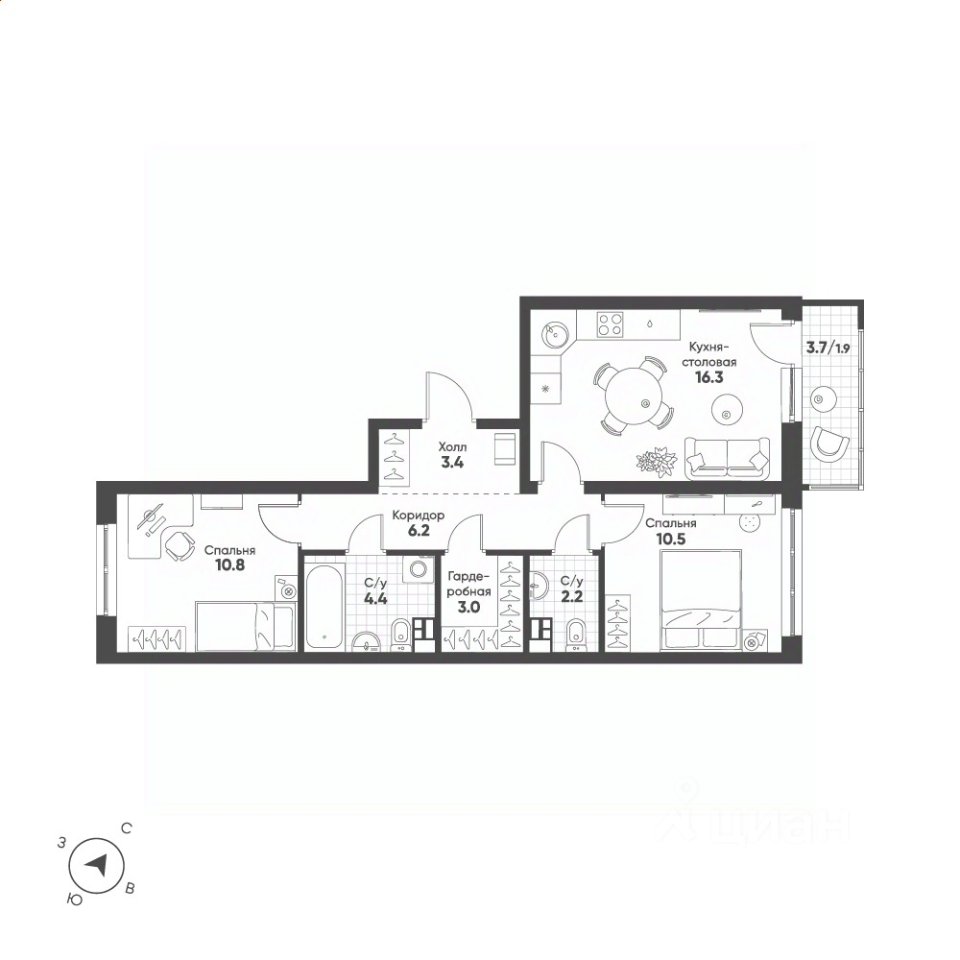 2-к кв. Свердловская область, Екатеринбург Солнечный жилрайон, (58.7 м²)