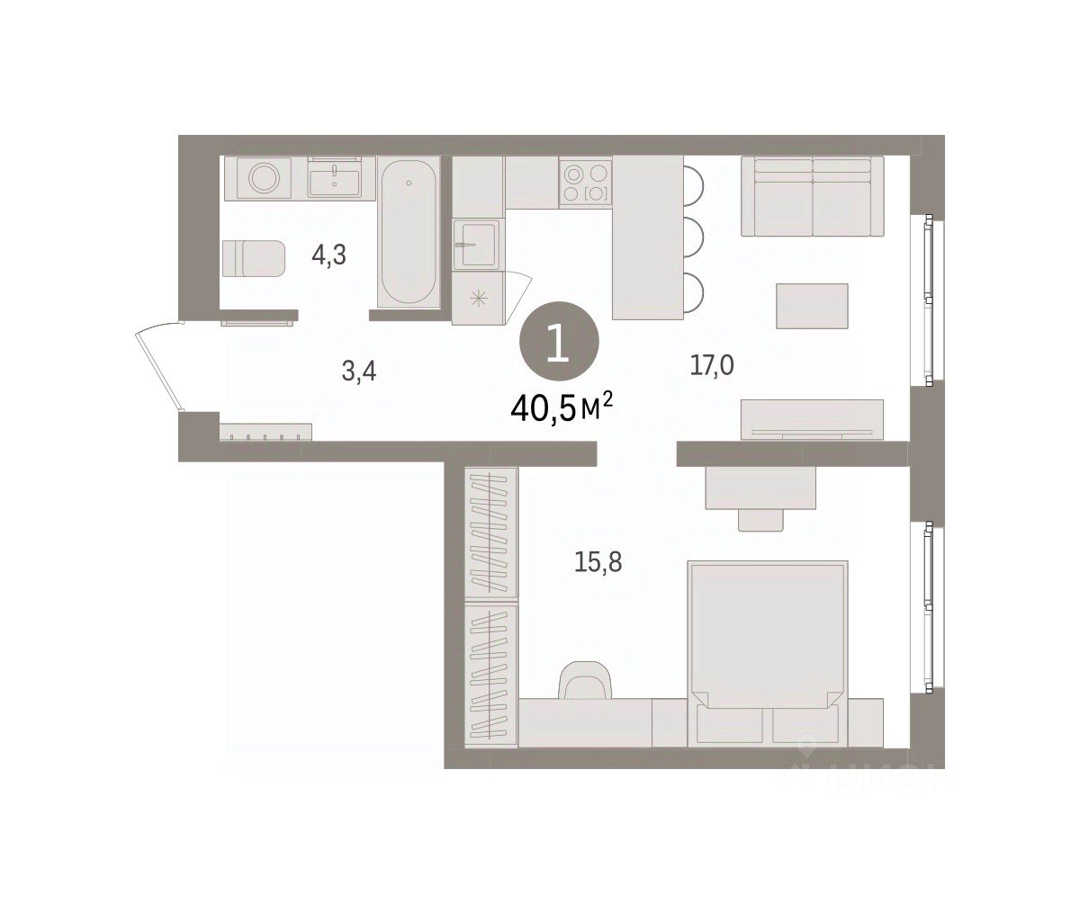 1-к кв. Свердловская область, Екатеринбург пер. Торфяной, 10 (40.5 м²)