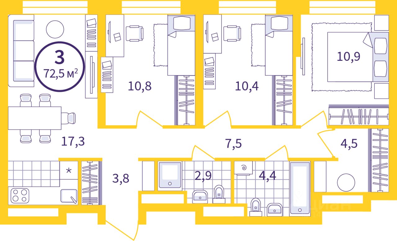 3-к кв. Свердловская область, Екатеринбург ул. Щербакова, 82 (72.47 м²)