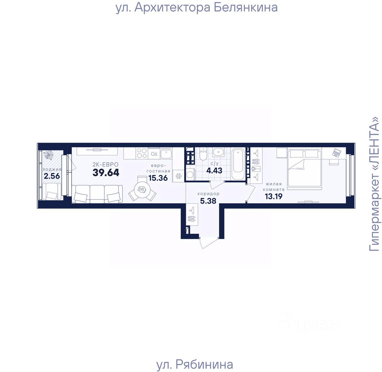 1-к кв. Свердловская область, Екатеринбург ул. Рябинина, 42 (39.64 м²)