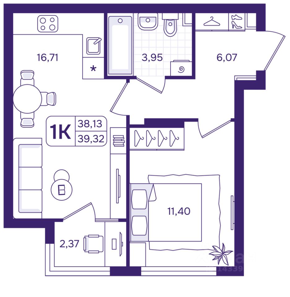 1-к кв. Свердловская область, Екатеринбург пер. Проходной, 1Б (39.32 м²)