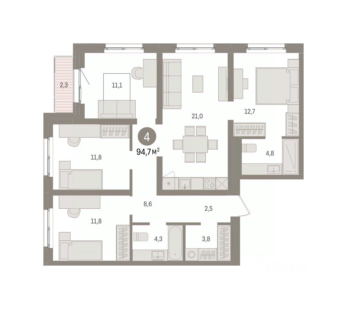 4-к кв. Свердловская область, Екатеринбург пер. Торфяной, 10 (94.7 м²)