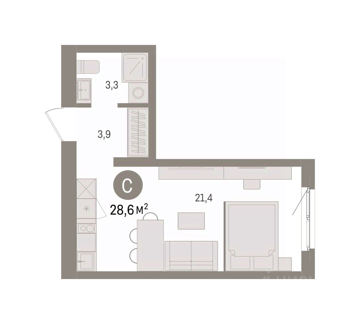 Студия Свердловская область, Екатеринбург пер. Торфяной, 10 (28.6 м²)