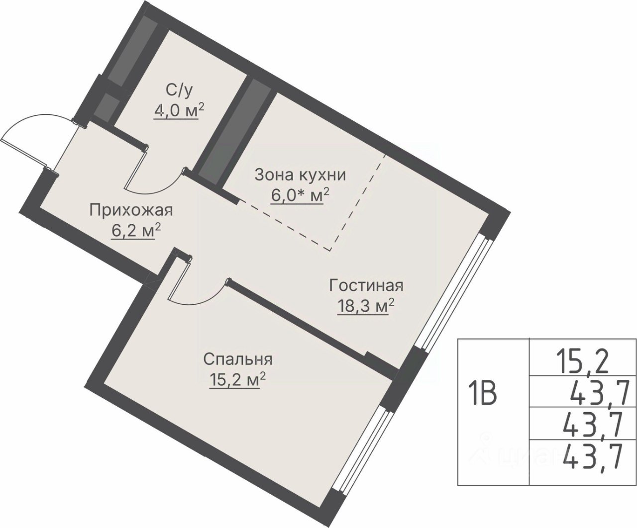 1-к кв. Свердловская область, Екатеринбург Никольский жилой комплекс (43.7 м²)