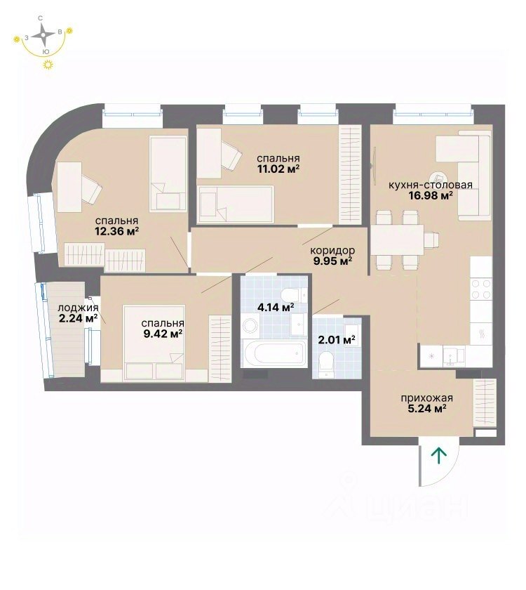 3-к кв. Свердловская область, Екатеринбург ул. Вилонова (73.36 м²)